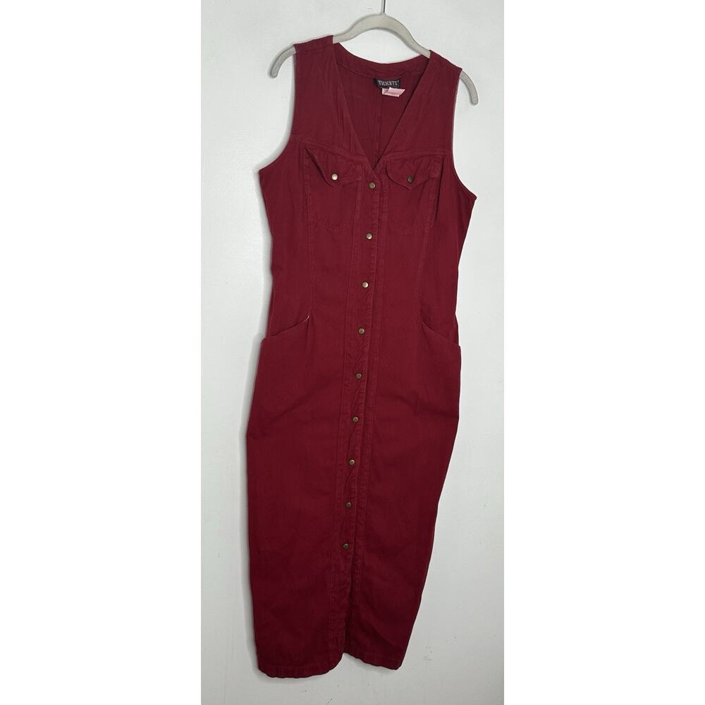 TICKETS Vtg Denim Dress 90s Sleeveless Cotton Button Up Front Maxi Size 13/14 - Picture 3 of 9